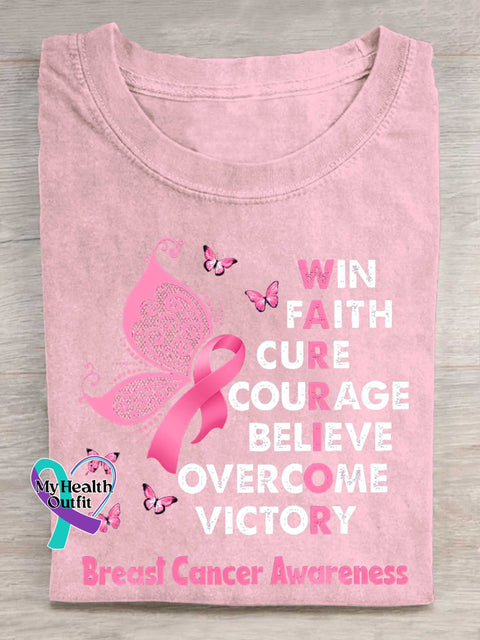 WIN FAITH CURE COURAGE BELIEVE OVERCOME VICTORY Breast Cancer Awareness T-shirt LightPink / S