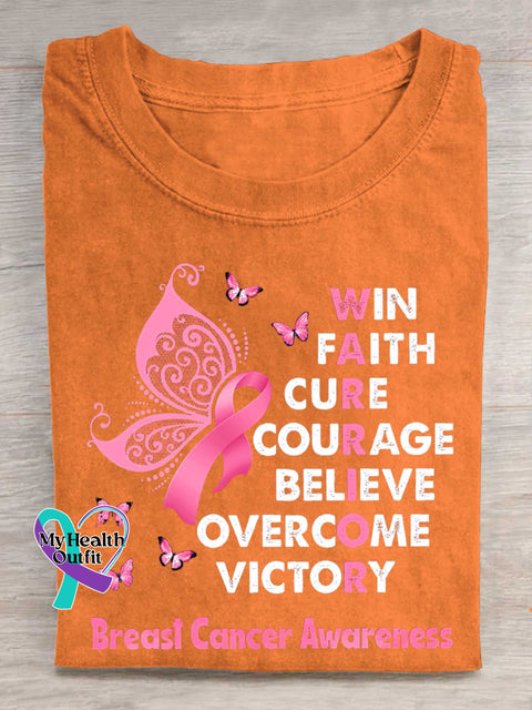 WIN FAITH CURE COURAGE BELIEVE OVERCOME VICTORY Breast Cancer Awareness T-shirt Orange / S