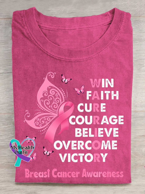 WIN FAITH CURE COURAGE BELIEVE OVERCOME VICTORY Breast Cancer Awareness T-shirt Pink / S