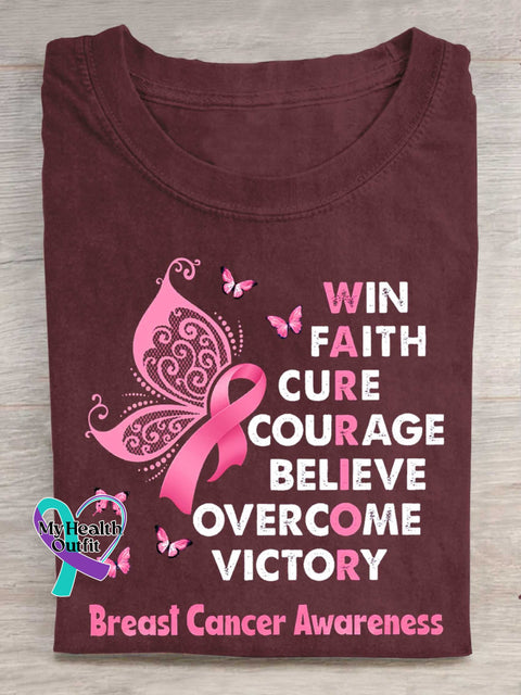 WIN FAITH CURE COURAGE BELIEVE OVERCOME VICTORY Breast Cancer Awareness T-shirt Red / S