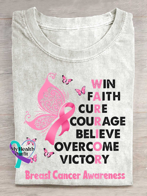 WIN FAITH CURE COURAGE BELIEVE OVERCOME VICTORY Breast Cancer Awareness T-shirt White / S