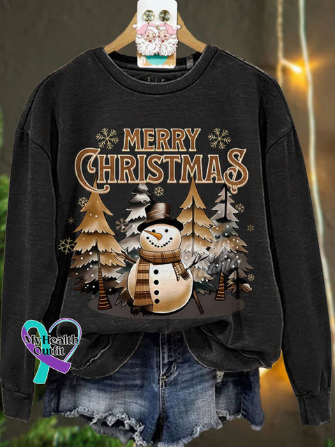 Winter Snowman Christmas Casual Print Sweatshirt Black / S