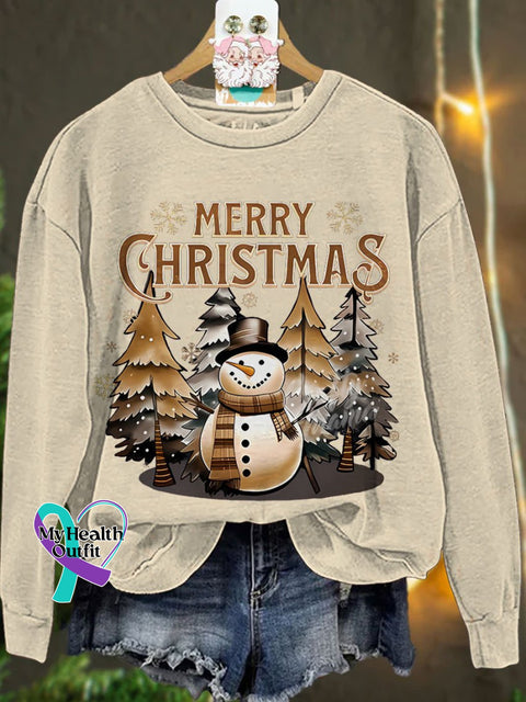 Winter Snowman Christmas Casual Print Sweatshirt Sand / S