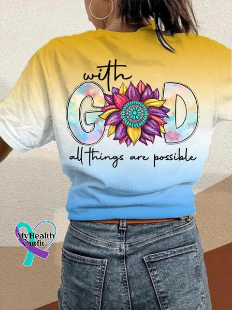 With God All Things Are Possible Faith Gradient Art Pattern Print Casual T-Shirt