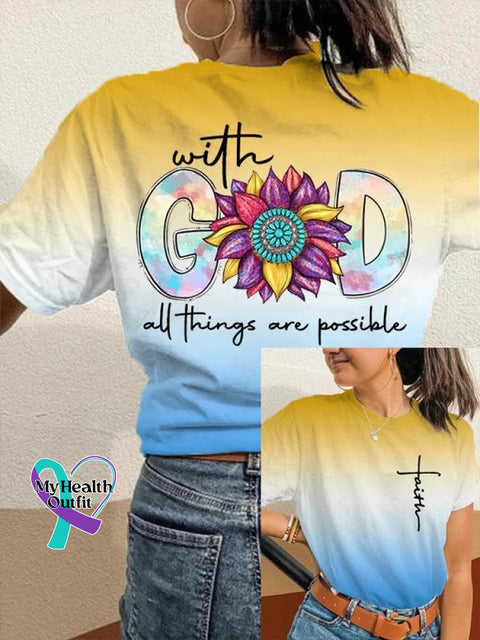 With God All Things Are Possible Faith Gradient Art Pattern Print Casual T-Shirt Yellow-Blue / S