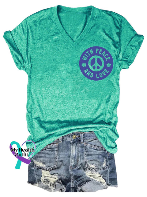 With Peace And Love Printed Casual V-Neck Short Sleeve T-Shirt Cyan / S