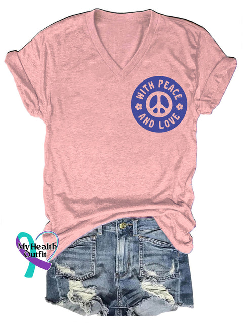 With Peace And Love Printed Casual V-Neck Short Sleeve T-Shirt Pink / S