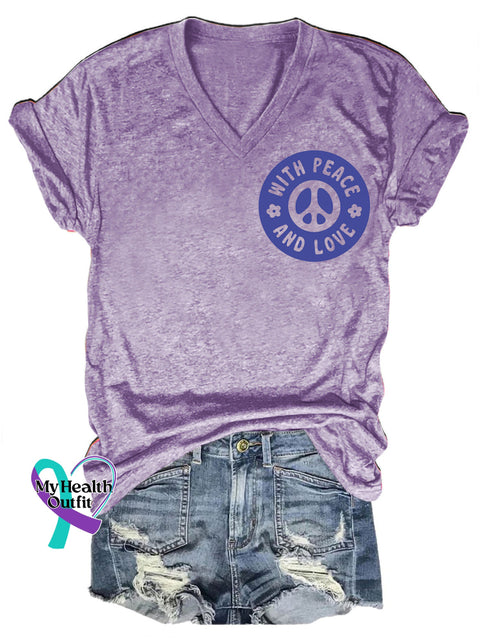 With Peace And Love Printed Casual V-Neck Short Sleeve T-Shirt Purple / S
