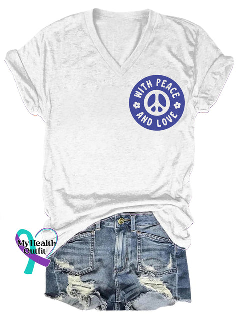 With Peace And Love Printed Casual V-Neck Short Sleeve T-Shirt White / S