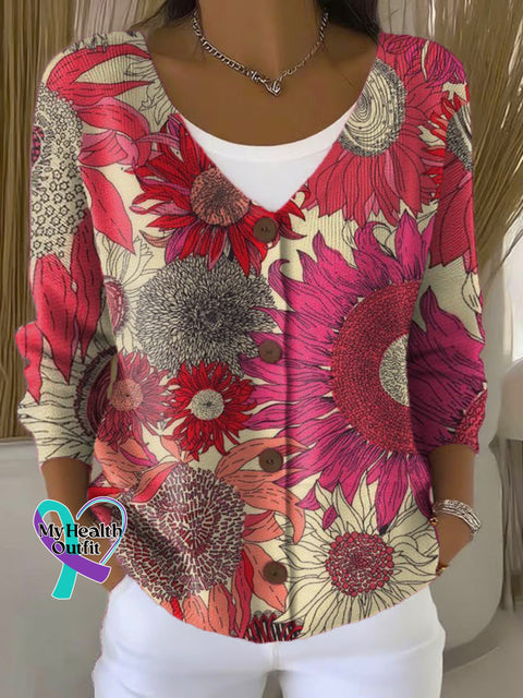 Woman’s Breast Cancer Awareness Art Flora Print Buttoned V neck Cardigan Sweater Multicolor / S