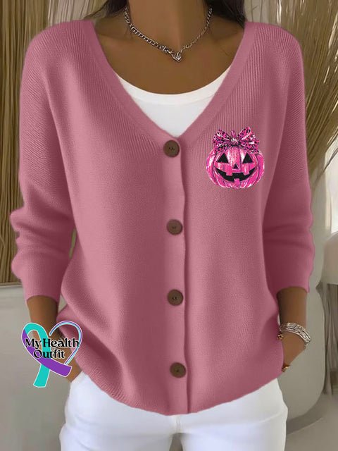 Woman’s Breast Cancer Awareness Print Buttoned V neck Cardigan Sweater LightPink / S