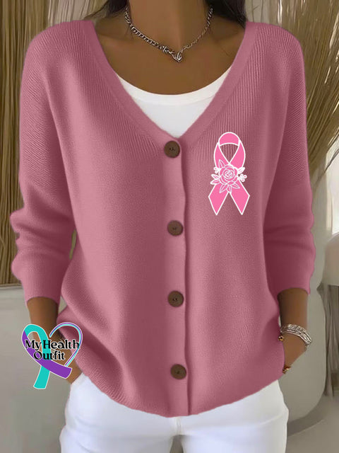 Woman’s Breast Cancer Awareness Print Buttoned V neck Cardigan Sweater LightPink / S