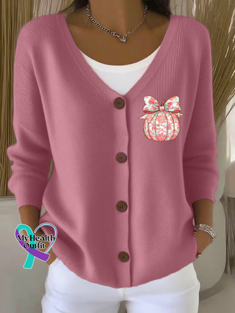 Woman’s Breast Cancer Awareness Print Buttoned V neck Cardigan Sweater LightPink / S