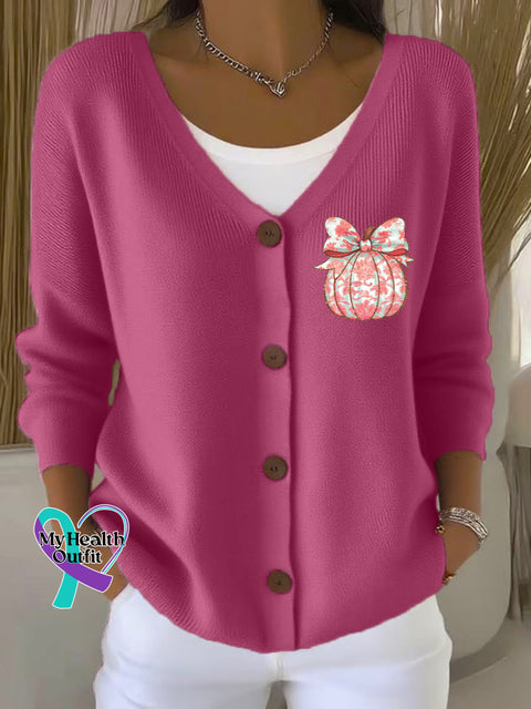 Woman’s Breast Cancer Awareness Print Buttoned V neck Cardigan Sweater Pink / S