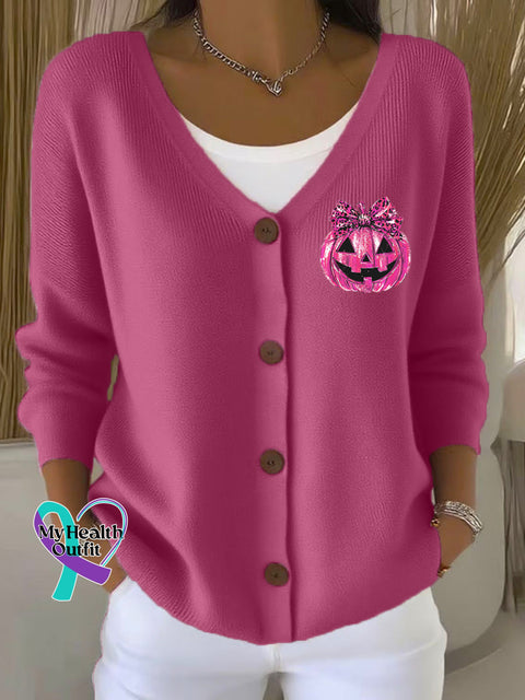 Woman’s Breast Cancer Awareness Print Buttoned V neck Cardigan Sweater Pink / S