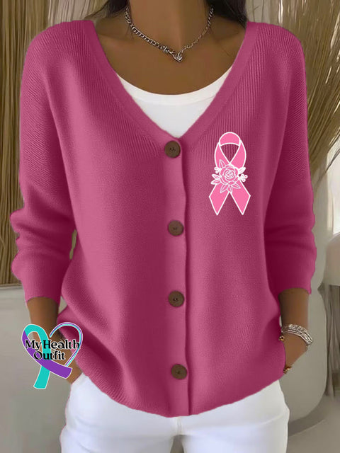 Woman’s Breast Cancer Awareness Print Buttoned V neck Cardigan Sweater Pink / S