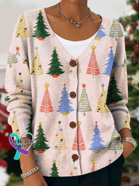 Woman’s Christmas Art Print Buttoned V-neck Cardigan Sweater Multicolor / S