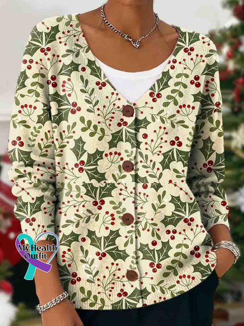 Woman’s Christmas Art Print Buttoned V-neck Cardigan Sweater Multicolor / S