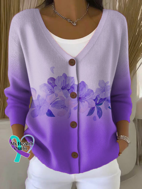 Woman’s Flora Alzheimer Awareness Print Buttoned V-neck Cardigan Sweater Multicolor / S