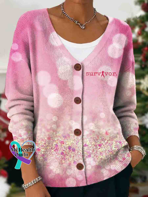 Woman’s Pink Art Breast Cancer Awareness Print Buttoned V-neck Cardigan Sweater Multicolor / S