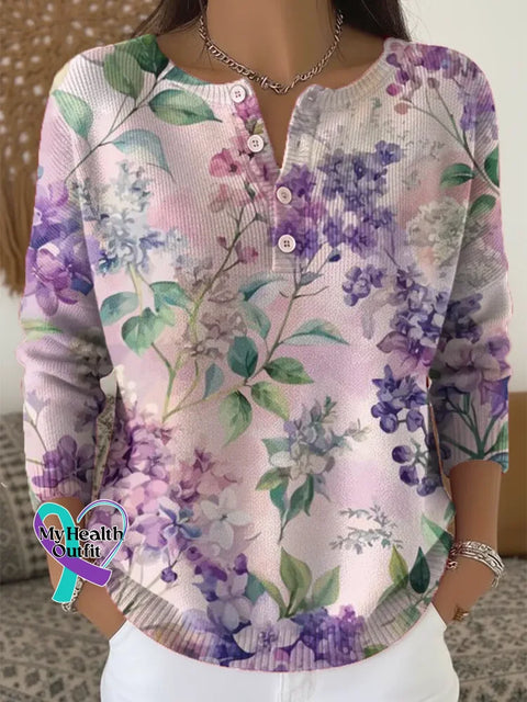 Woman’s Purple Alzheimer Awareness Art Print Buttoned Cardigan Sweater Multicolor / S