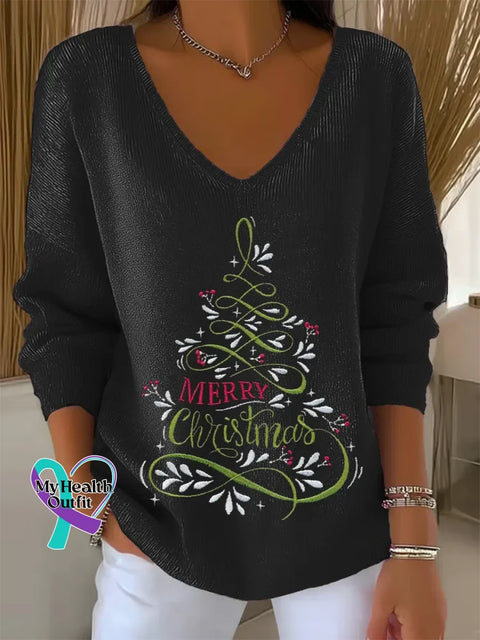 Women ’s Christmas Tree Print V Neck Sweater Black / S