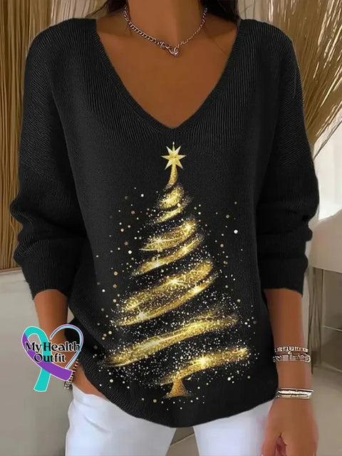 Women ’s Christmas Tree Print V Neck Sweater Black / S
