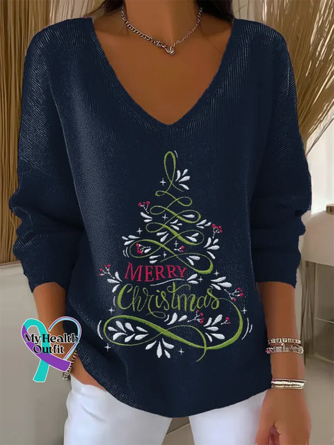 Women ’s Christmas Tree Print V Neck Sweater Blue / S