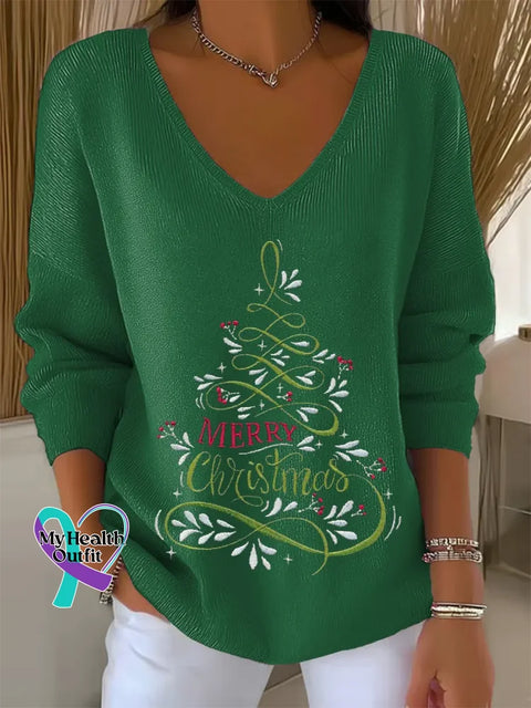Women ’s Christmas Tree Print V Neck Sweater Green / S