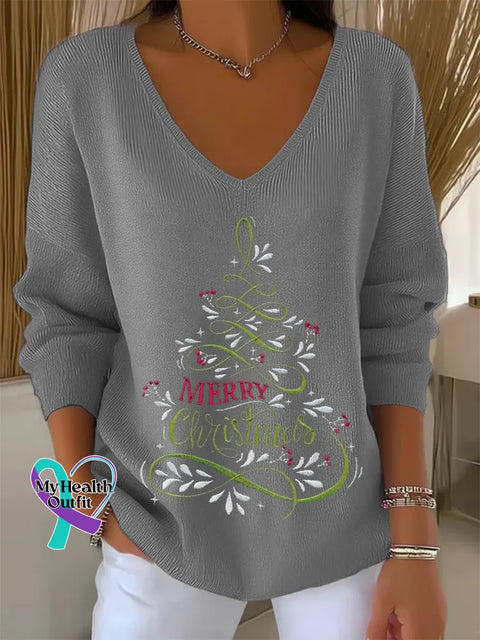 Women ’s Christmas Tree Print V Neck Sweater Grey / S