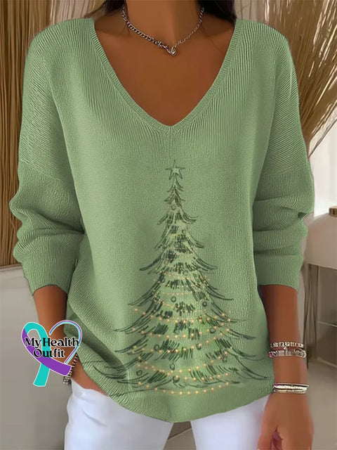 Women ’s Christmas Tree Print V Neck Sweater Multicolor / S