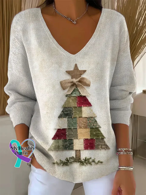 Women ’s Christmas Tree Print V Neck Sweater Multicolor / S