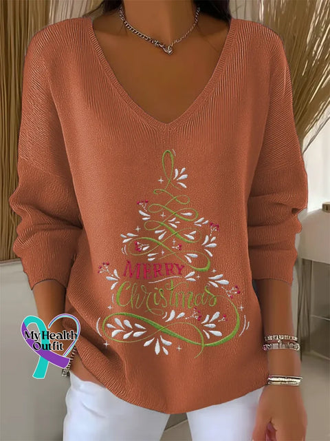 Women ’s Christmas Tree Print V Neck Sweater Orange / S
