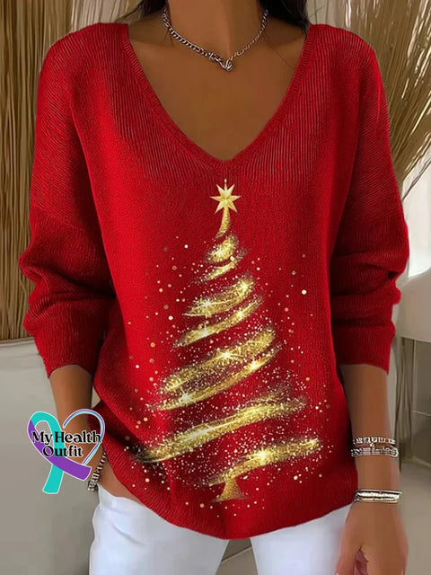 Women ’s Christmas Tree Print V Neck Sweater Red / S