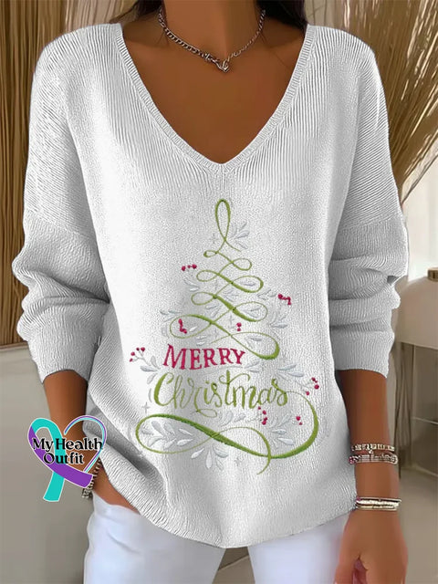 Women ’s Christmas Tree Print V Neck Sweater White / S