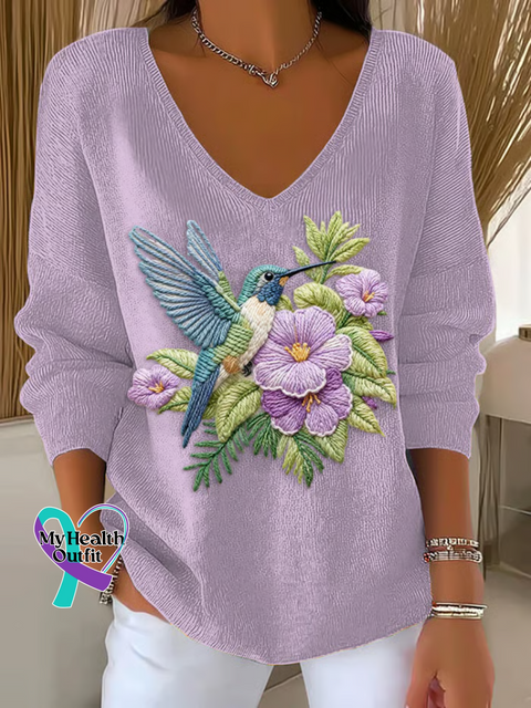 Women ’s Purple Art Christmas Alzheimer’s Awareness Print V Neck Sweater Multicolor / S