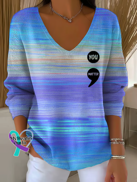 Women ’s You Matter Print V Neck Sweater Blue / S