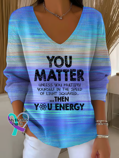 Women ’s You Matter Print V Neck Sweater Blue / S