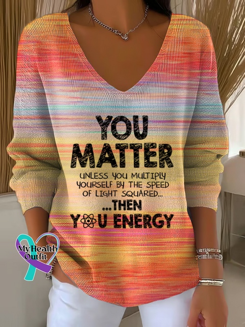 Women ’s You Matter Print V Neck Sweater Orange / S