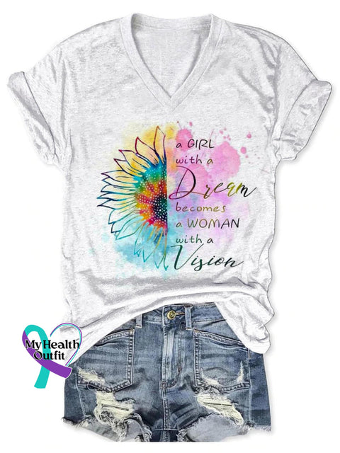 Women’s A Girl With A Dream Art Print V-neck Casual T-Shirt White / S
