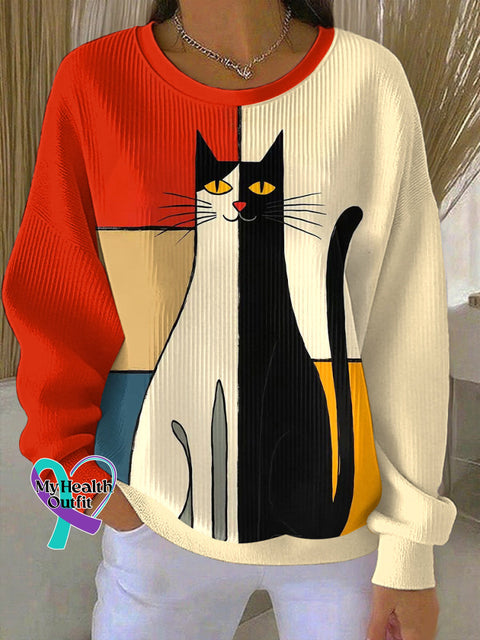 Women’s Abstract Art Cat Print Sweatshirt As picture / S