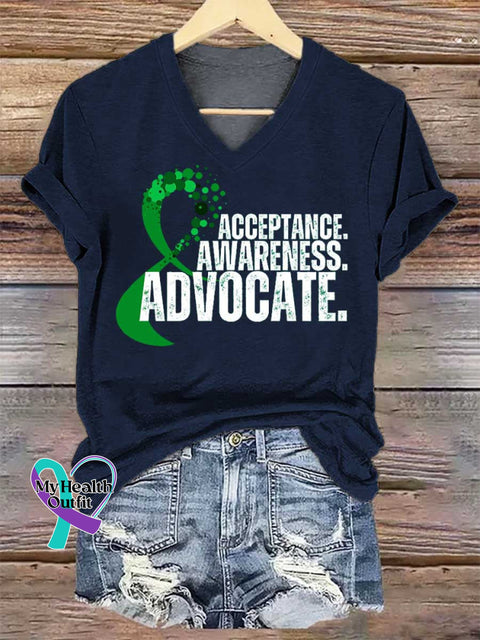 Women’s ACCEPTANCE. AWARENESS. ADVOCATE. Mental Health Awareness V-neck Casual T-Shirt Blue / S