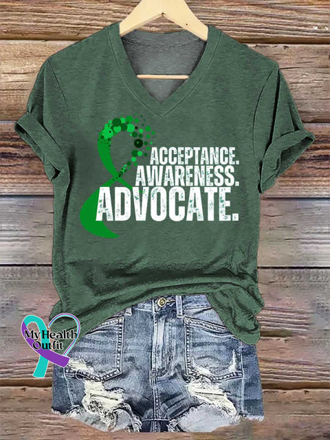 Women’s ACCEPTANCE. AWARENESS. ADVOCATE. Mental Health Awareness V-neck Casual T-Shirt Green / S
