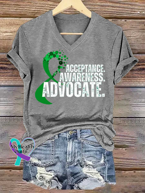 Women’s ACCEPTANCE. AWARENESS. ADVOCATE. Mental Health Awareness V-neck Casual T-Shirt Grey / S
