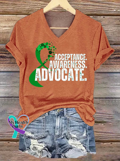 Women’s ACCEPTANCE. AWARENESS. ADVOCATE. Mental Health Awareness V-neck Casual T-Shirt Orange / S