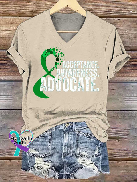 Women’s ACCEPTANCE. AWARENESS. ADVOCATE. Mental Health Awareness V-neck Casual T-Shirt Sand / S