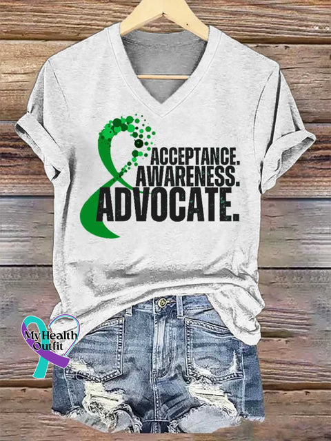 Women’s ACCEPTANCE. AWARENESS. ADVOCATE. Mental Health Awareness V-neck Casual T-Shirt White / S