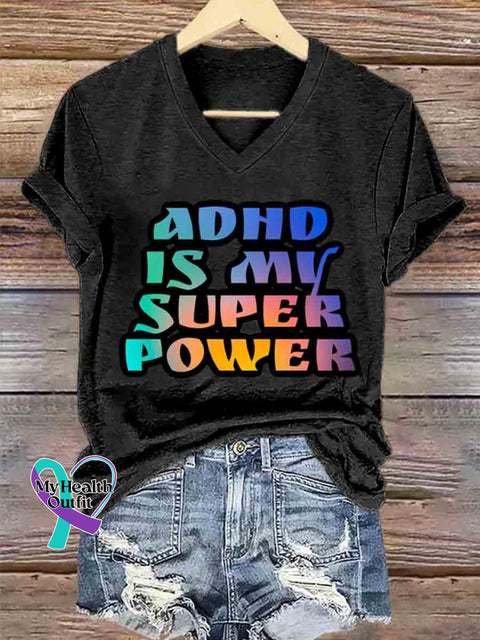 Women’s ADHD Is My Superpower Art V neck Casual T Shirt Black / S