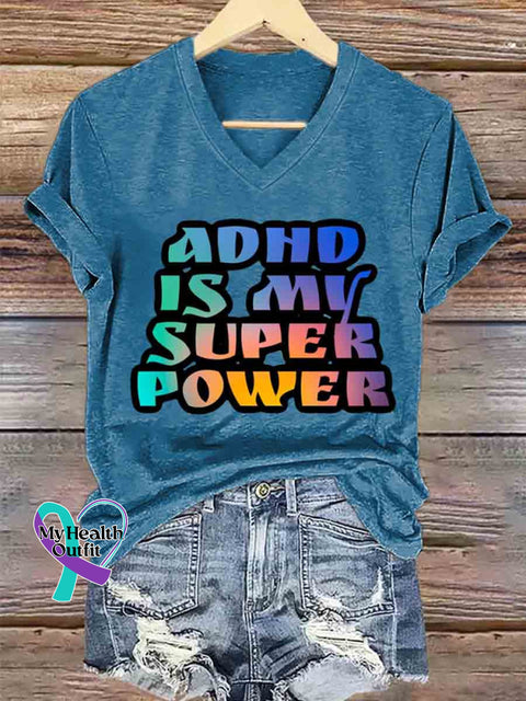 Women’s ADHD Is My Superpower Art V neck Casual T Shirt Blue / S