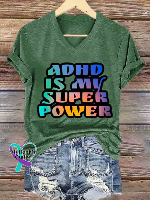 Women’s ADHD Is My Superpower Art V neck Casual T Shirt Green / S